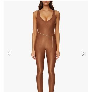 NWT WeWoreWhat scoop ribbed jumpsuit in brown with gold chain